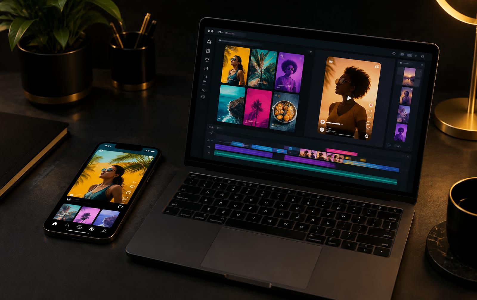 Social posts and reels being designed on a phone and laptop